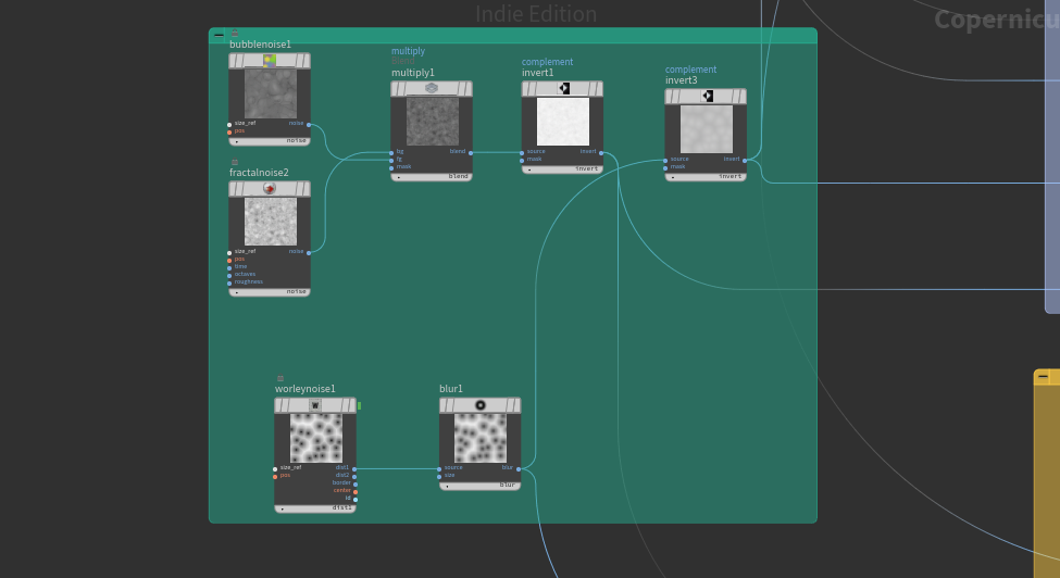 A mix of general noises (worlye, fractal, bubble) drive multiple textures down the network
